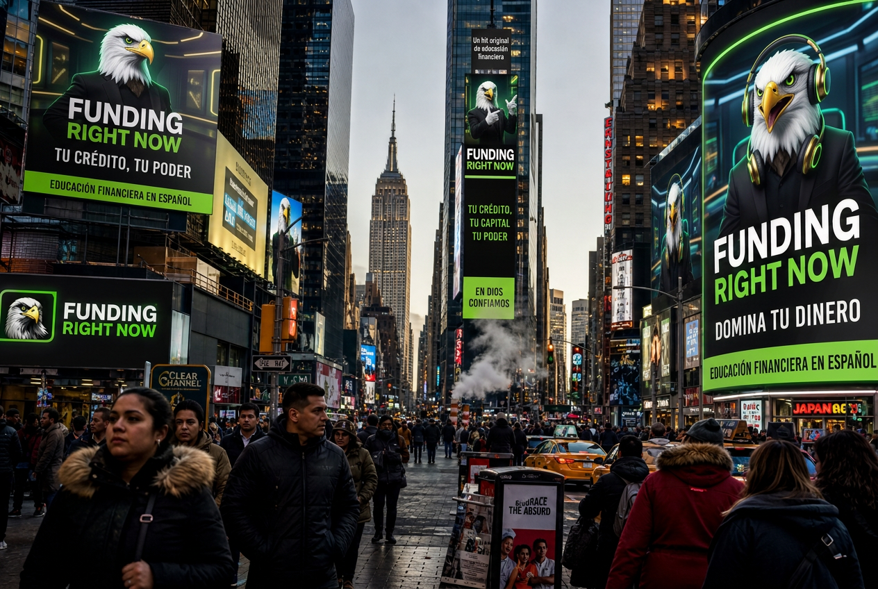 Escena cinematográfica realista de Times Square con pantallas gigantes mostrando a Funding Right Now como una serie de educación financiera en español, con el Águila como presentador y mensajes como Domina tu dinero y Tu crédito, tu poder