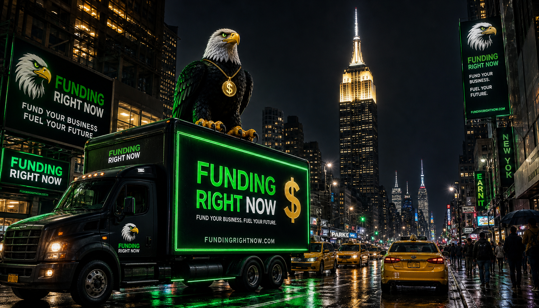 El camión blindado de Funding Right Now frente a las pantallas de Nueva York con el Águila en las vallas