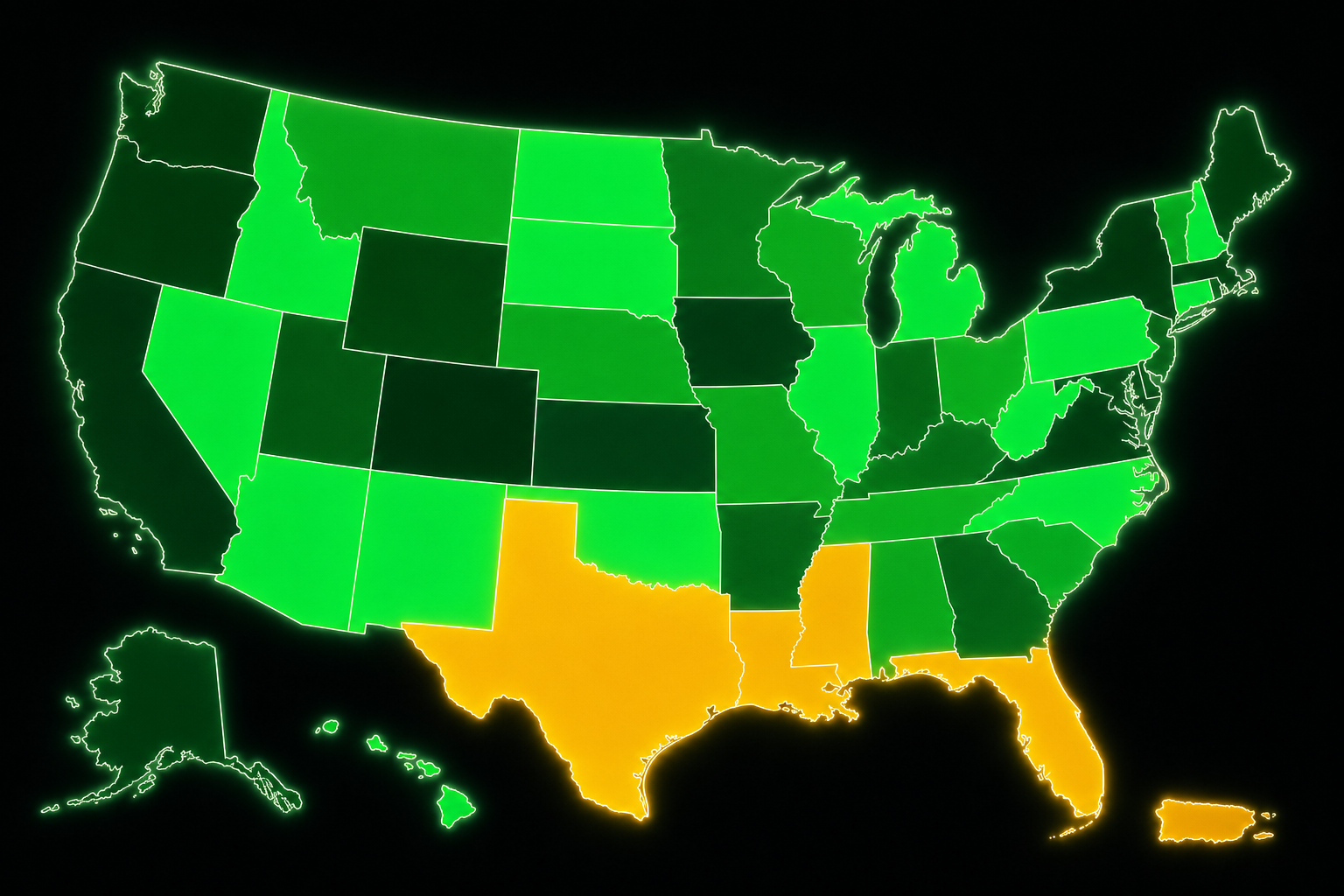 Mapa de Estados Unidos con la concentración de mal crédito por estado: Texas, Florida, Luisiana, Misisipi y Puerto Rico en oro